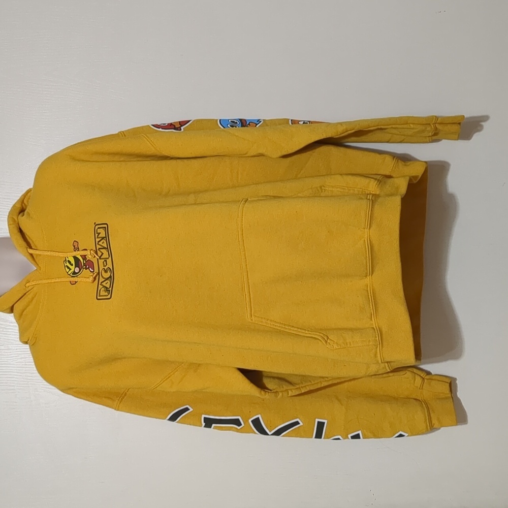 PAC-MAN Hoodie Mens Yellow Ghosts On Sleeve Pullover Hoodie size Large
